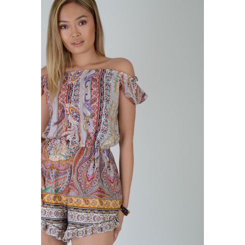 LMS Off den skuldra Paisley Playsuit med Resårlinning