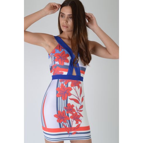 LMS White Printed Bodycon Dress With Contrasting Blue Hemline