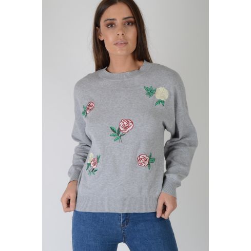 Lovemystyle Light Grey Sweater With Patchwork Roses