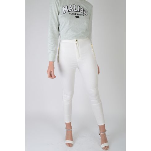 LMS High Waisted White Skinny Jeans With Gold Zip Detail