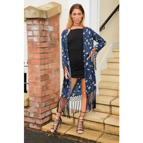 LMS Blue Kimono With Floral Print And Tassel Hem 