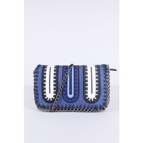 Lovemystyle Chain Trimmed Blue, White And Black Cross Body Bag