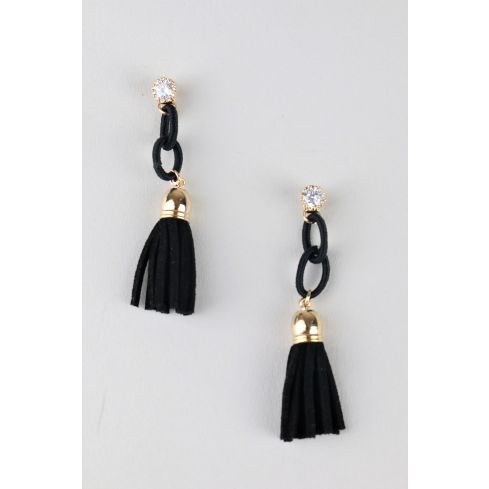 Lovemystyle Black And Gold Tassel Earrings With Stud Diamante