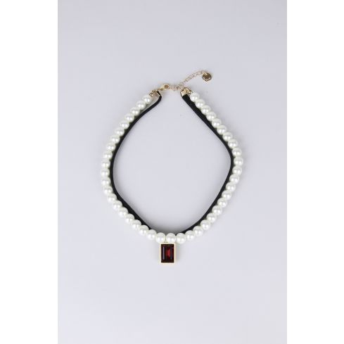 Pearl et cuir sangle Double collier avec pendentif en pierre rouge