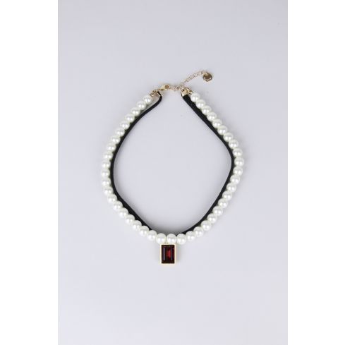 Pearl And Leather Double Strap Choker With Red Stone Pendant - SAMPLE