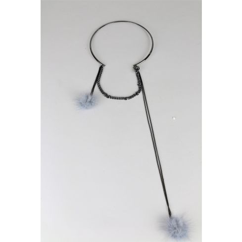 Lovemystyle zwarte Choker ketting met grijze Pom Pom Hangers