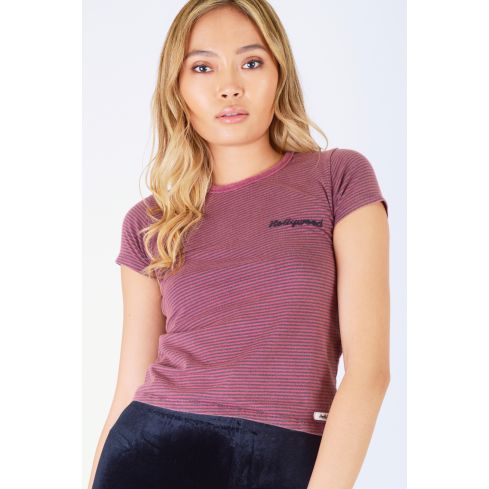 Double Agent Purple Stripe Crop T-Shirt Featuring 'Hollywood' Embroidery