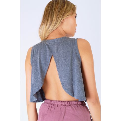 Double Agent Grey Jersey Crop Top With Curved Open Back