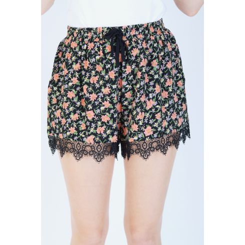 LYDC Black High Waisted Floral Draw String Shorts