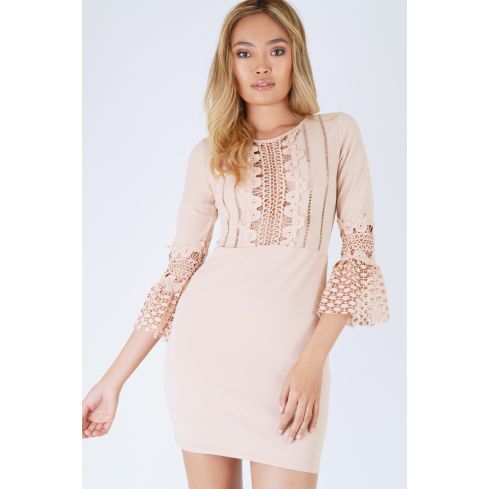 Danity Pink Bodycon Dress With Lace Inserts And Bell Sleeves