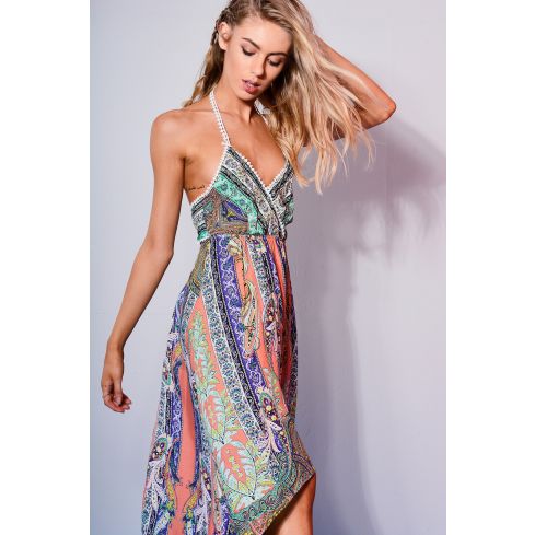 Danity stampato Dip orlo Maxi abito con scollo Halter In arancione