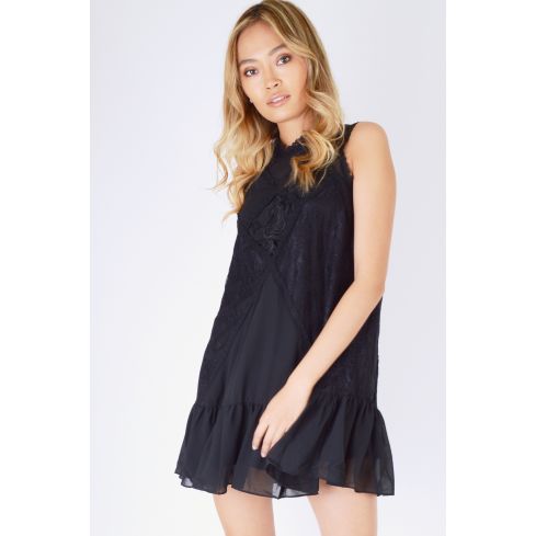 Danity Black Chiffon Swing Dress With Open Back And Peplum Hem