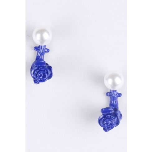 LMS oorbellen met witte parel en blauwe bloem Drop