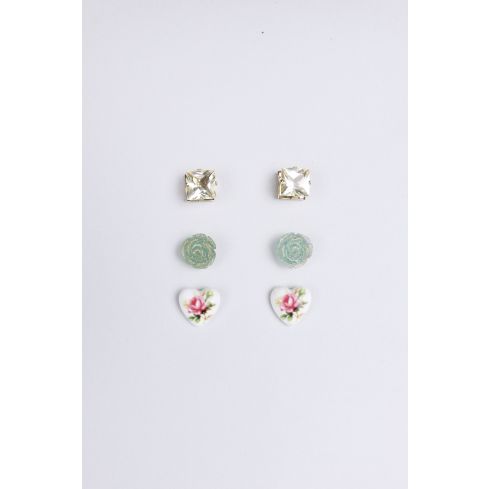 Lovemystyle Set of Diamante And Rose Design Stud Earrings