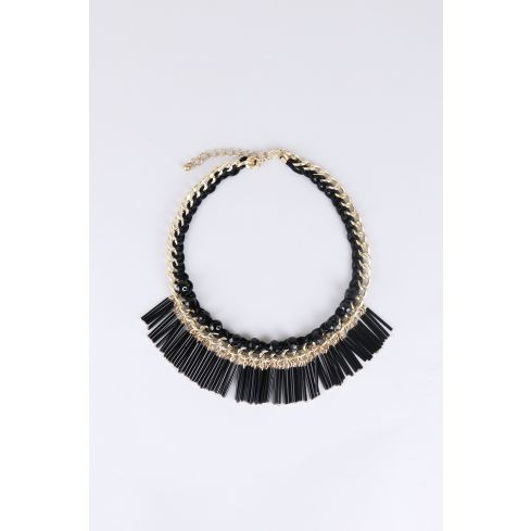 LMS Statement Gold Necklace With Black Beads And Tassels