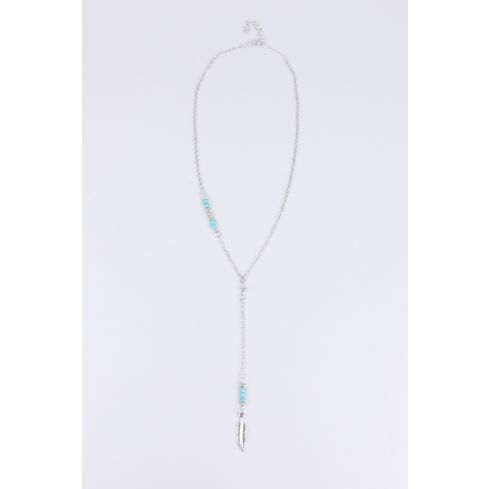 Lovemystyle Silver Drop Down Leaf Necklace With Blue Beads