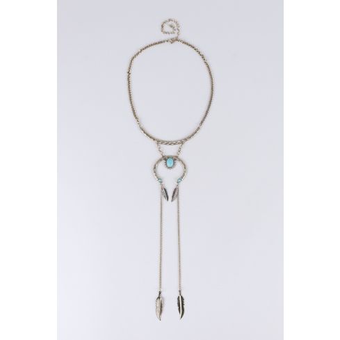 Lovemystyle or collier avec pierres Turquoise et plumes