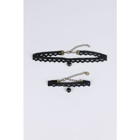 LMS Stoff Halsband und Armband-Set mit Perlen Anhänger