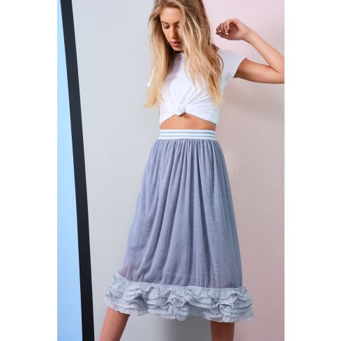 Lovemystyle gris Maxi falda con gasa recubierta con volante dobladillo