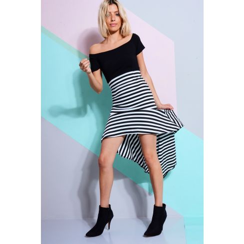 LMS Off The Shoulder Drop Hem Dress In Black And White Stripe