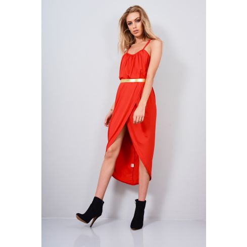 Lovemystyle Red Loose Fit Cami Wrap Dress With Gold Belt