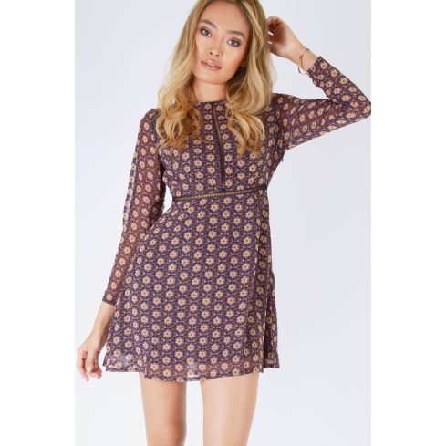 Goldie London Navy Long Sleeved Tea Dress With Ditsy Floral Print