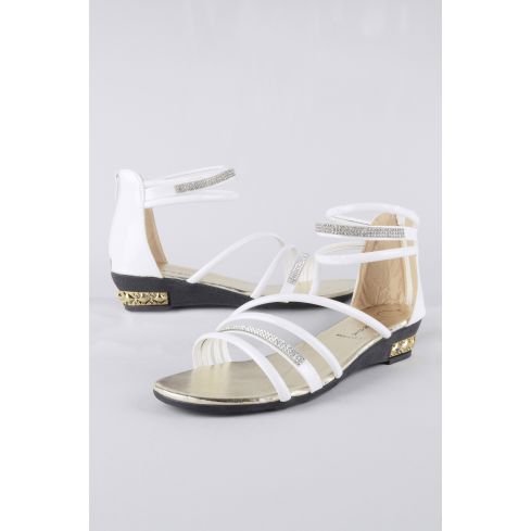 LMS White Multi Strap Flat Sandal With Diamante Detail