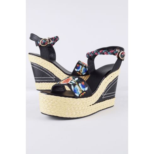 LMS Woven Heel Wedges In Black With Floral Embroidery