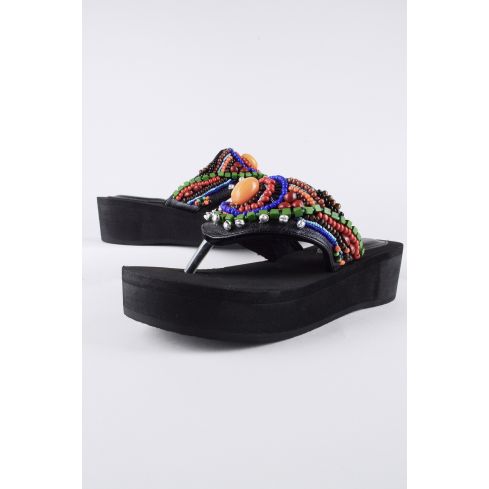 LMS Black Wedge Flip Flop With Multicolour Beadwork