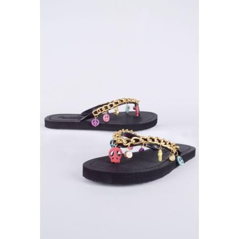 Lovemystyle Black Flip Flops With Gold Chain And Charm Strap