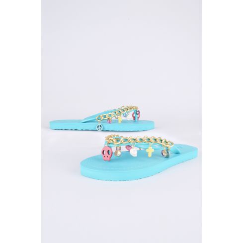 Lovemystyle Blue Flip Flops With Gold Chain And Charm Strap