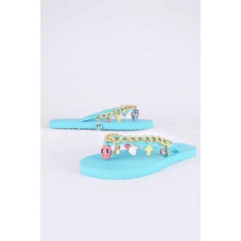 Lovemystyle Blue Flip Flops met gouden ketting en charme riem