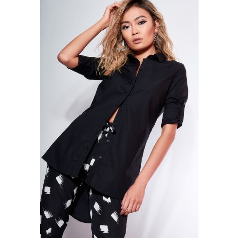 Lovemystyle Black Long Line Drop Back Shirt With Turn Up Sleeve - SAMPLE