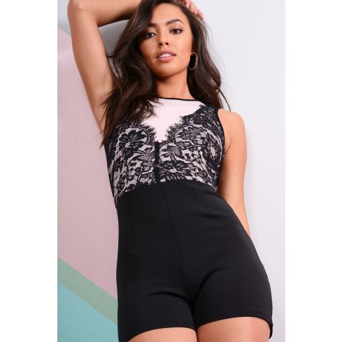 LMS Black Sleeveless Playsuit With Lace Plunge Overlay
