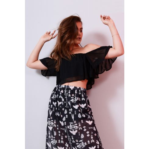 Lovemystyle Off The Shoulder Black Chiffon Crop Top