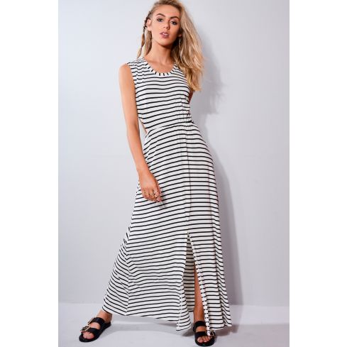 Lovemystyle Black And White Stripe Backless Maxi Dress
