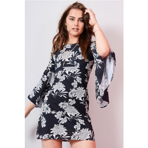 Lovemystyle Black Floral Shift Dress Featuring Flare Sleeves