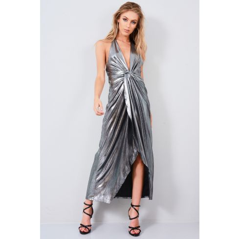LMS Silver Metallic Halter Neck Maxi Dress With Twisted Knot Front