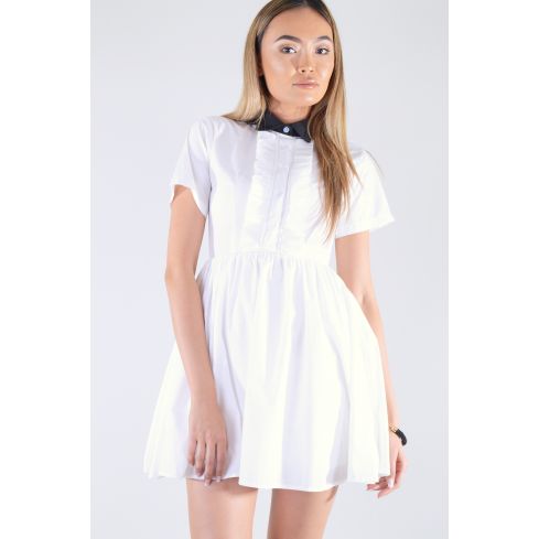 LMS White Skater Shirt Dress With Black Collar And Frill Detail