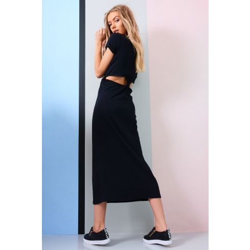Lovemystyle Black Maxi Dress With Mid Twist And Short Sleeves