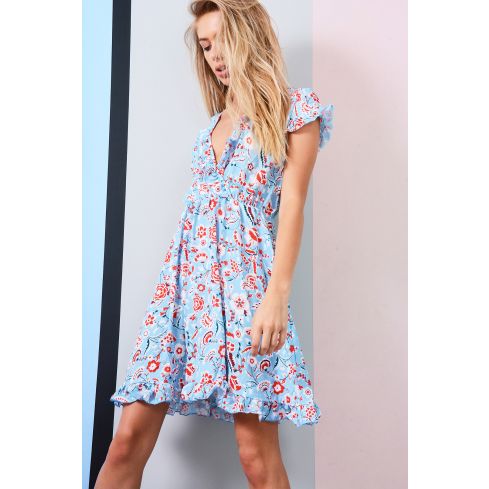 LMS luz azul Floral verano vestido con frunce cintura