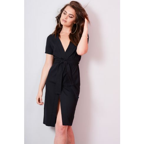 Lovemystyle Black Midi Wrap Dress With Tie Waist Belt