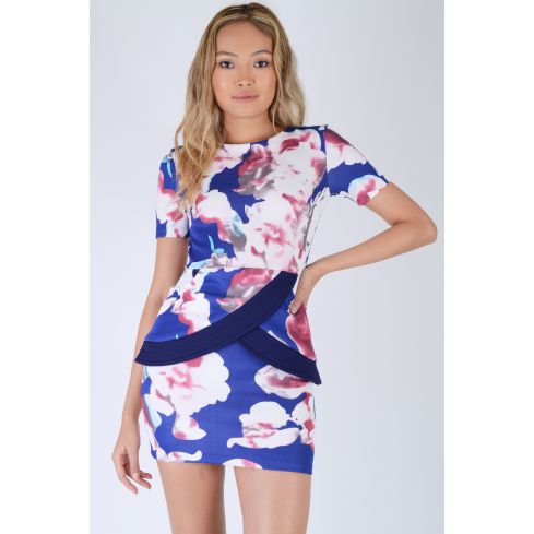 LMS uitgerust roze en blauwe bloemen jurk met peplos rok