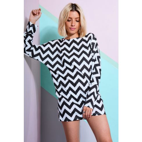 LMS Black And White Zigzag Bodycon Dress With Batwing Sleeves