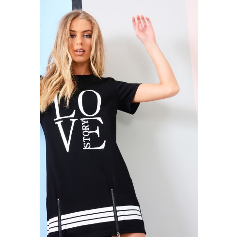 LMS e nero amore Slogan t-shirt abito con zip gamba