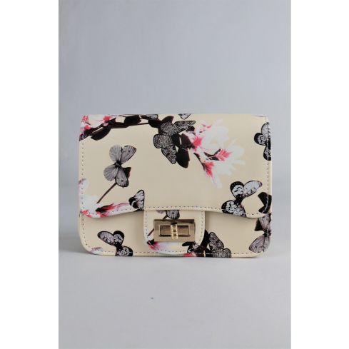 LMS cream Floral, Butterfly Print Side Bag With Gold Chain Strap - SAMPLE