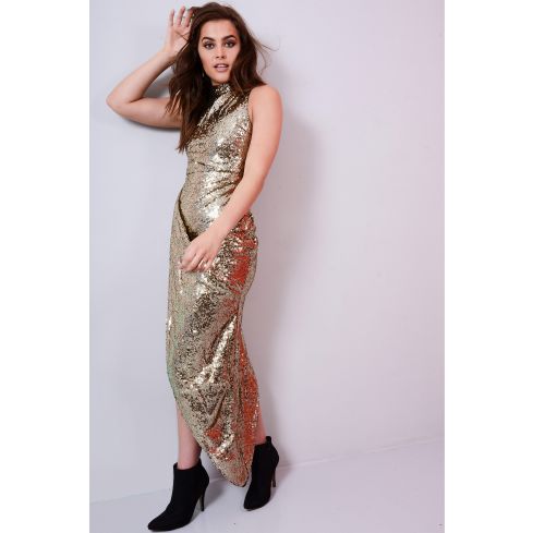 LMS Gold Sequin Wrap Front Dress With High Low Trailing Hem