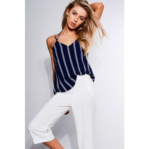 Lola May Navy V-Neck Vest Top With Pin Stripes And Low Back