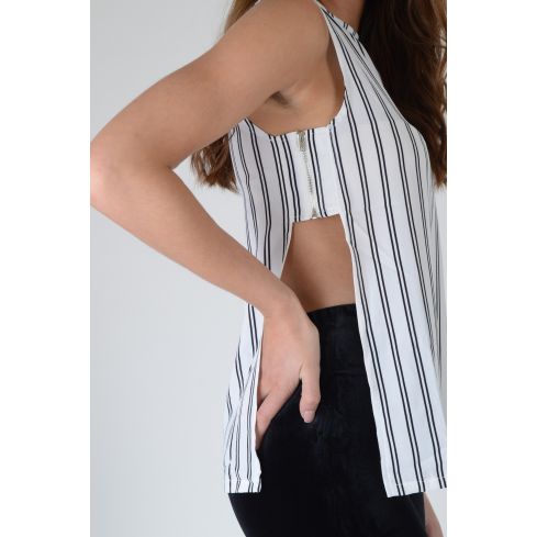 Lola May White Top With Black Stripes, Open Sides & Zip Detailing