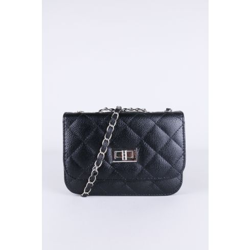 Lovemystyle Black Quilted Faux Leather Handbag With Silver Chain